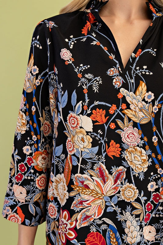 Gigio Bold Floral Print Top 3/4 Sleeves - Black