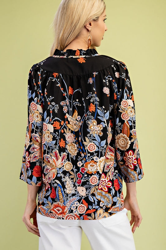 Gigio Bold Floral Print Top 3/4 Sleeves - Black