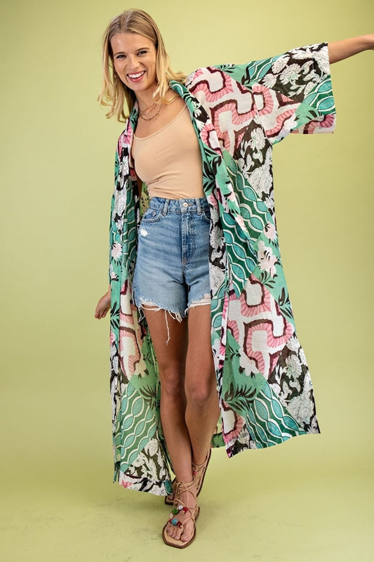 Gigio Scarf Tie Floral Print Kimono Cover Up - Green Mix
