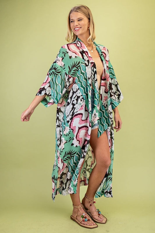 Gigio Scarf Tie Floral Print Kimono Cover Up - Green Mix