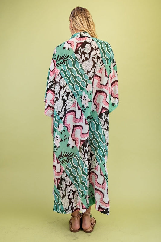 Gigio Scarf Tie Floral Print Kimono Cover Up - Green Mix