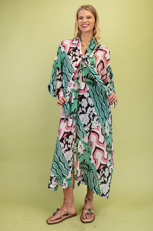 Gigio Scarf Tie Floral Print Kimono Cover Up - Green Mix