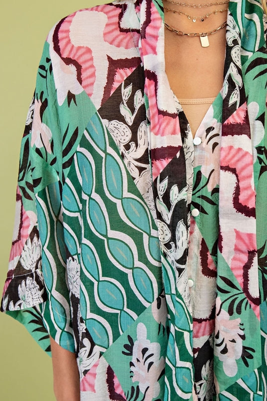 Gigio Scarf Tie Floral Print Kimono Cover Up - Green Mix