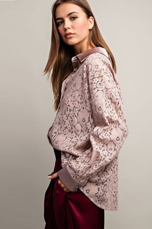 *SALE Eesome Floral Lace Tuxedo Blouse - Sheer Lace Pink Taupe