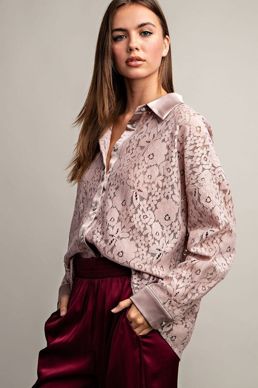 *SALE Eesome Floral Lace Tuxedo Blouse - Sheer Lace Pink Taupe