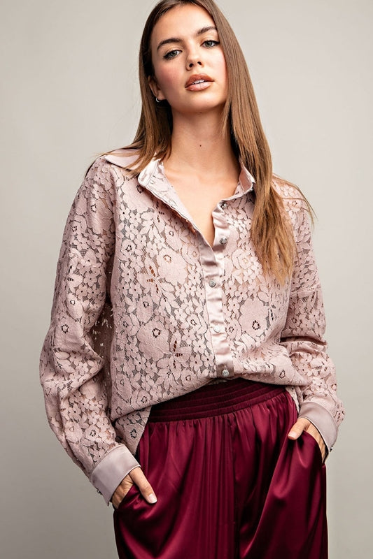 *SALE Eesome Floral Lace Tuxedo Blouse - Sheer Lace Pink Taupe
