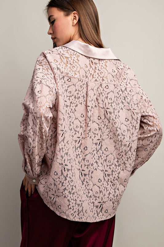 *SALE Eesome Floral Lace Tuxedo Blouse - Sheer Lace Pink Taupe