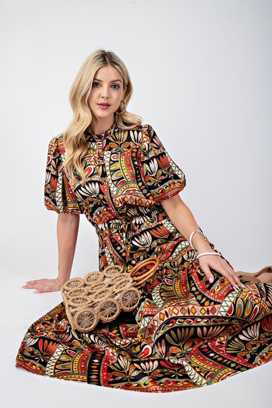 Short Bubble Sleeve Midi Dress with Waist Tie - Black Multi