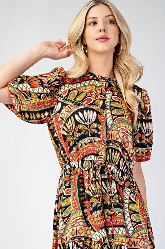 Short Bubble Sleeve Midi Dress with Waist Tie - Black Multi