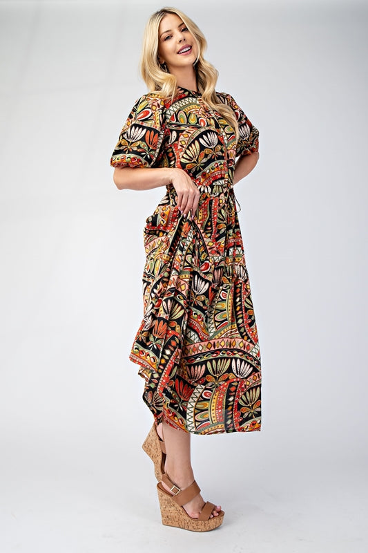 Short Bubble Sleeve Midi Dress with Waist Tie - Black Multi
