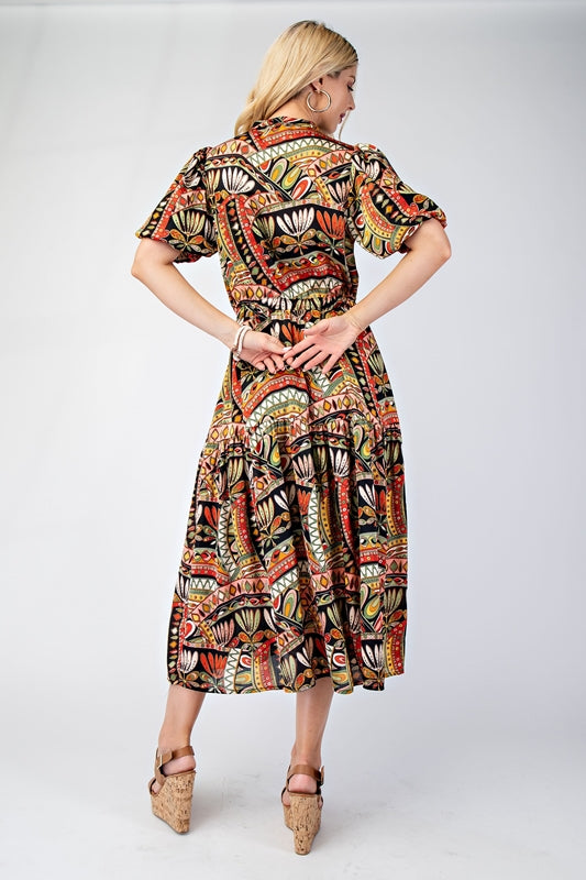 Short Bubble Sleeve Midi Dress with Waist Tie - Black Multi