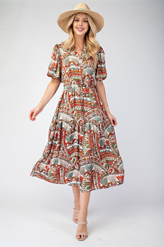 Short Bubble Sleeve Midi Dress with Waist Tie - White Multi