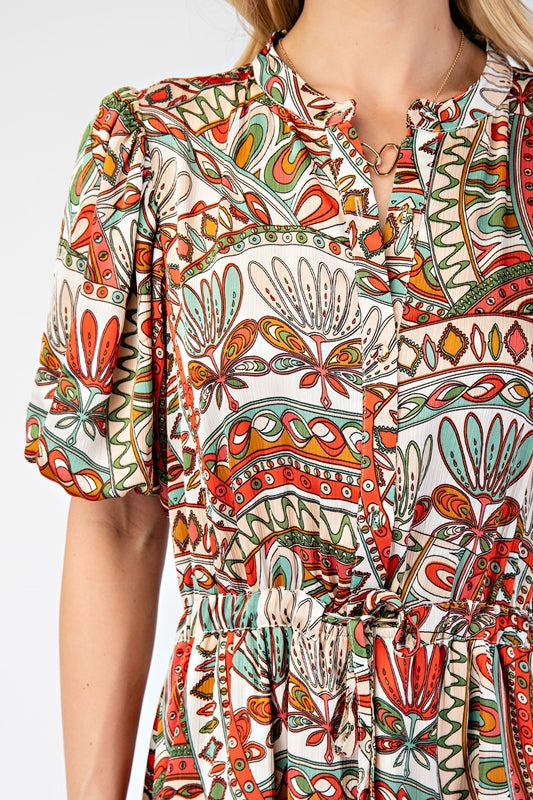 Short Bubble Sleeve Midi Dress with Waist Tie - White Multi