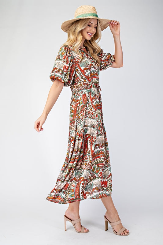 Short Bubble Sleeve Midi Dress with Waist Tie - White Multi