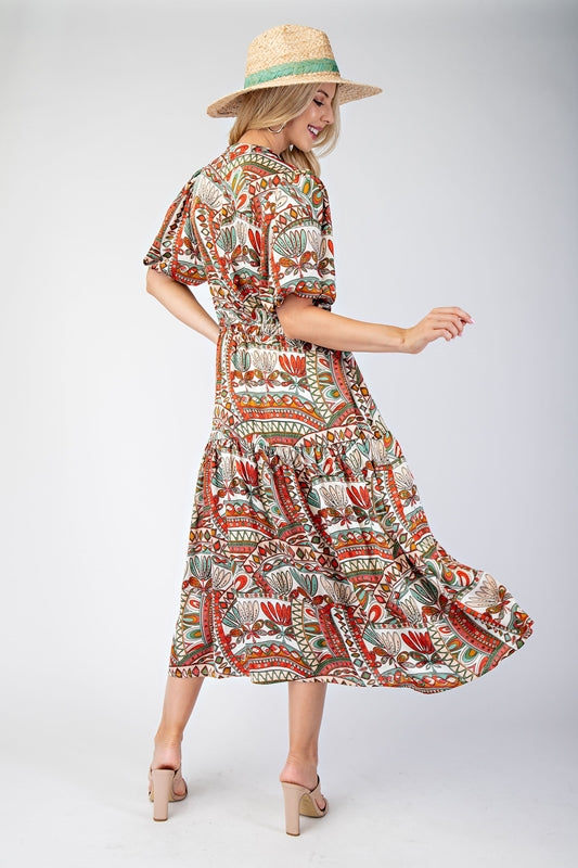 Short Bubble Sleeve Midi Dress with Waist Tie - White Multi