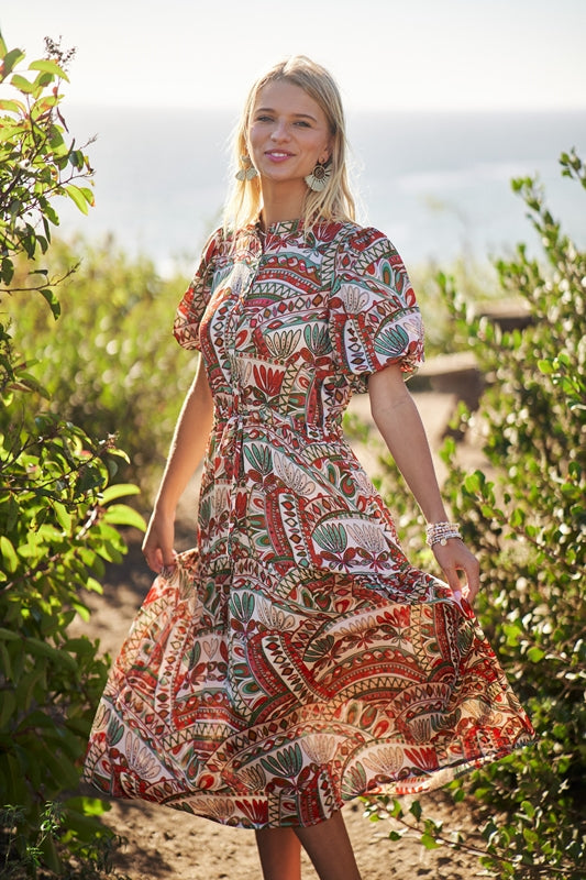 Short Bubble Sleeve Midi Dress with Waist Tie - White Multi