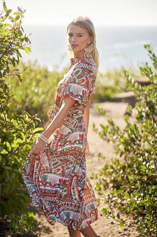 Short Bubble Sleeve Midi Dress with Waist Tie - White Multi