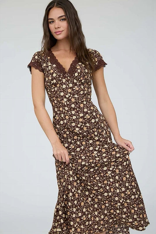 Blu Pepper Floral Lace Trim Maxi Dress - Brown Multi