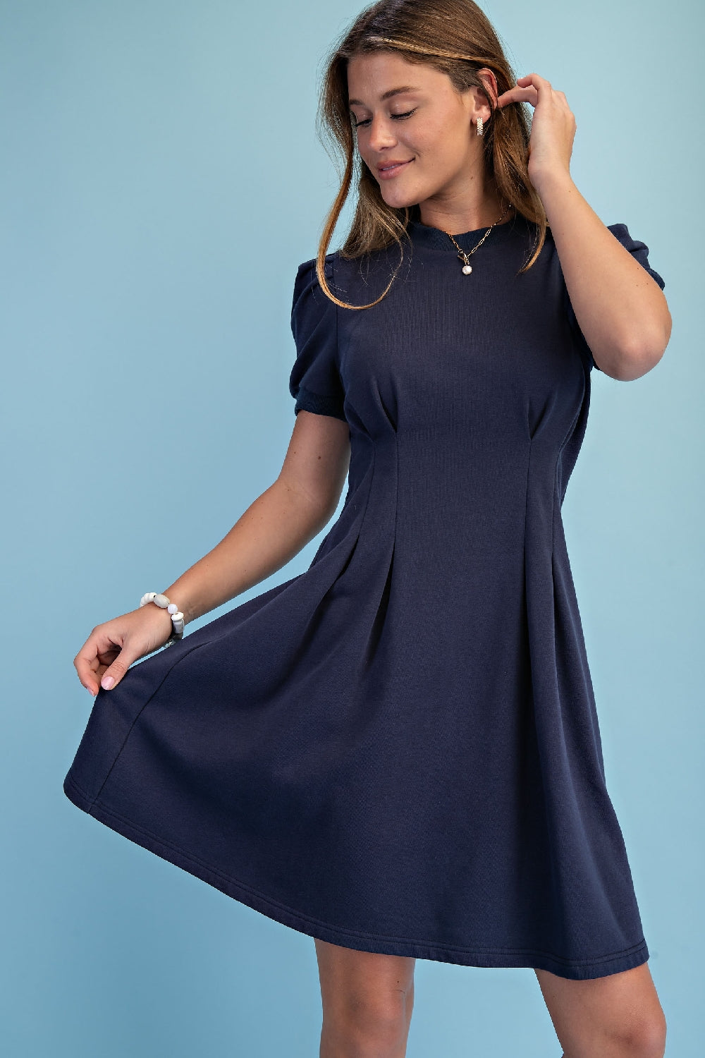 Gigio Sweatshirt Mini Dress Puff Sleeve & Pleats - Navy