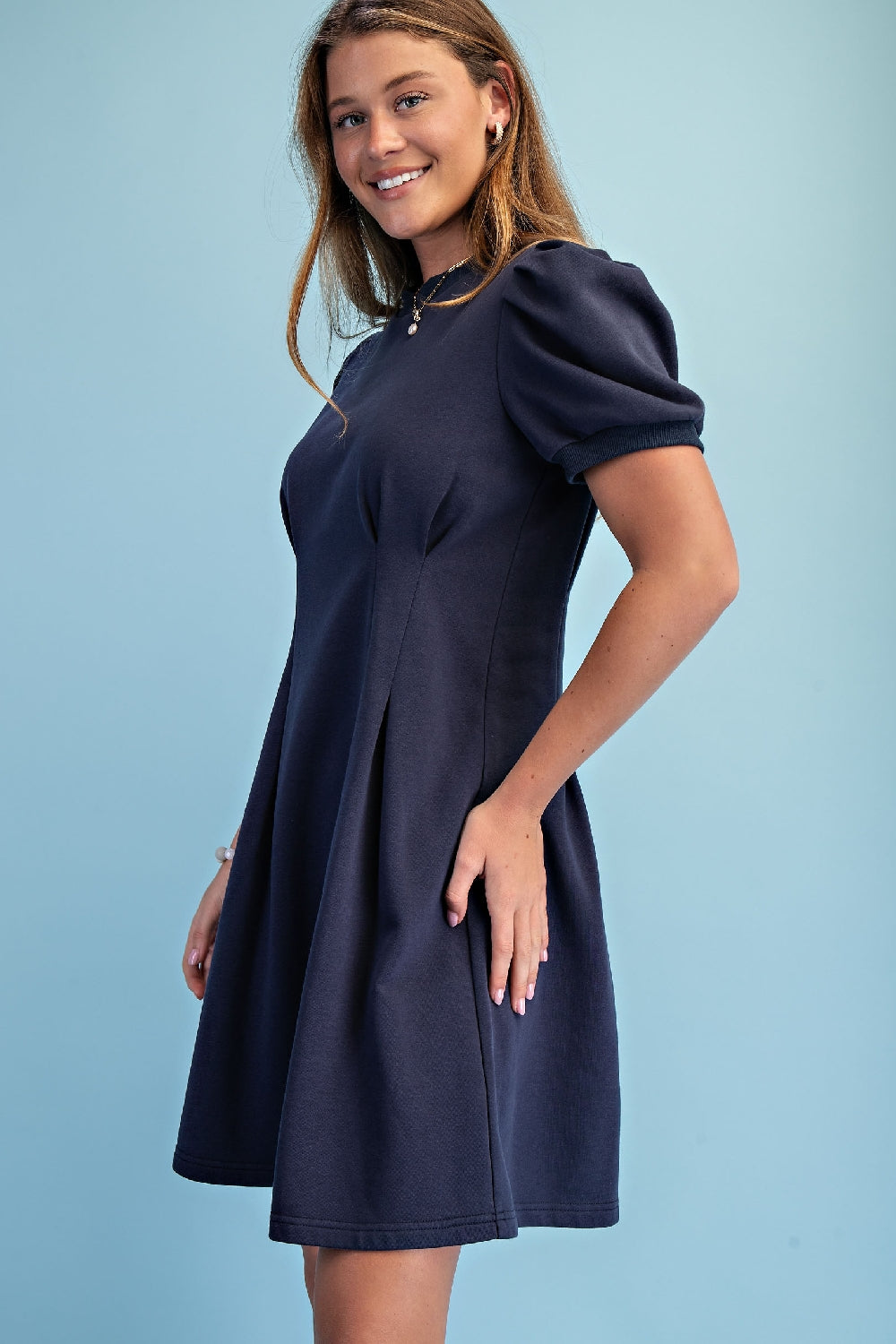 Gigio Sweatshirt Mini Dress Puff Sleeve & Pleats - Navy