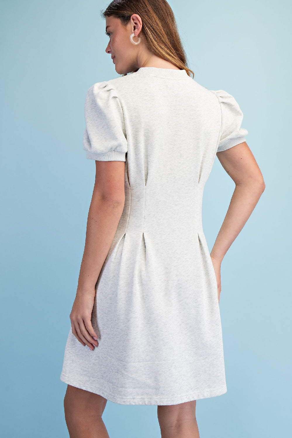 Gigio Sweatshirt Mini Dress Puff Sleeve & Pleats - White Melange