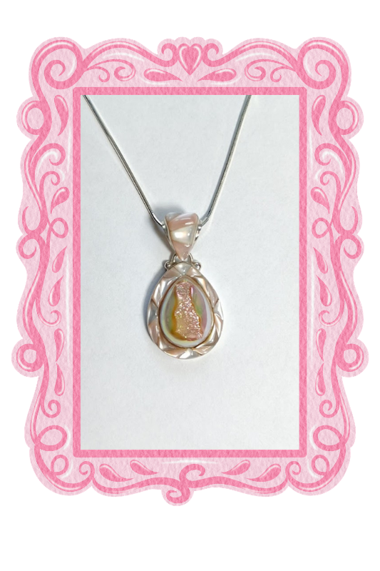 Druzy Mother of Pearl Teardrop Pendant Silver Necklace - 18"