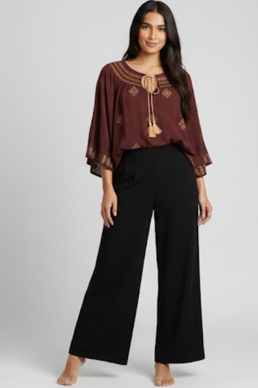 Umgee Geometric Blouse with Tassel and Yoke - Azuki