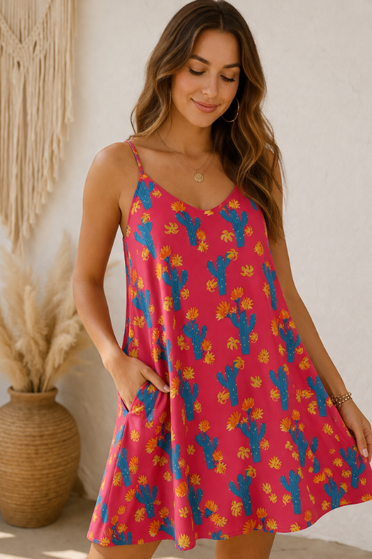 Peach Love California Cactus Print Boho Swing Dress