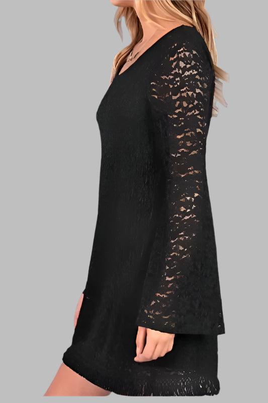 Lace Mini Tunic Mini Dress with Trim Hem - Black