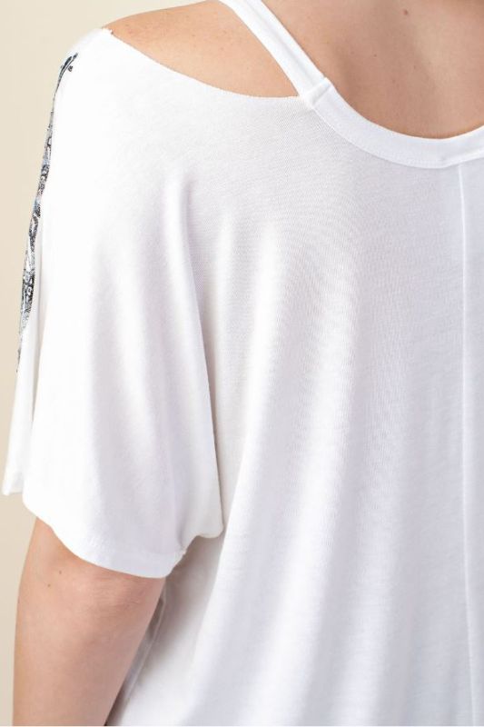 Vocal Cut Out Shoulder Feathers T Shirt - Off White