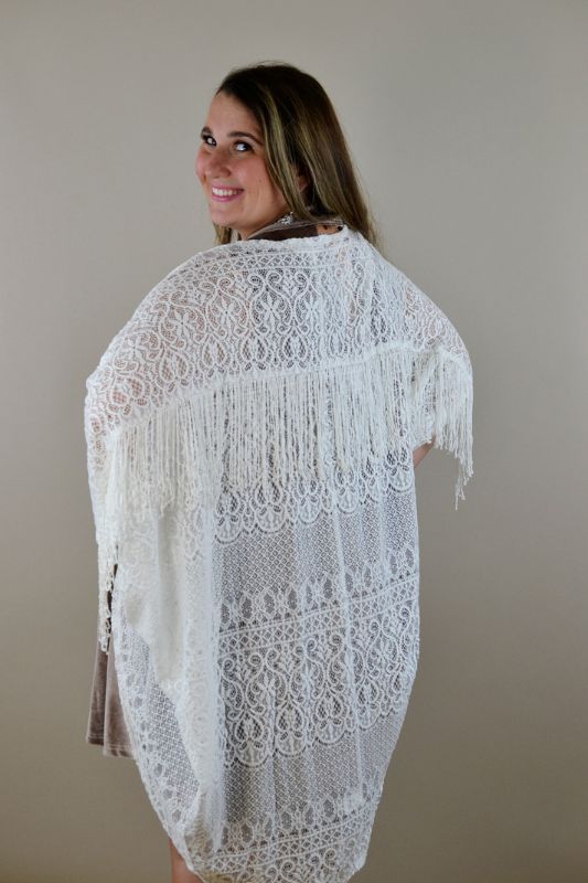 Honey Punch White Lace Fringe Kimono Boho Lace Cover Up Cardigan