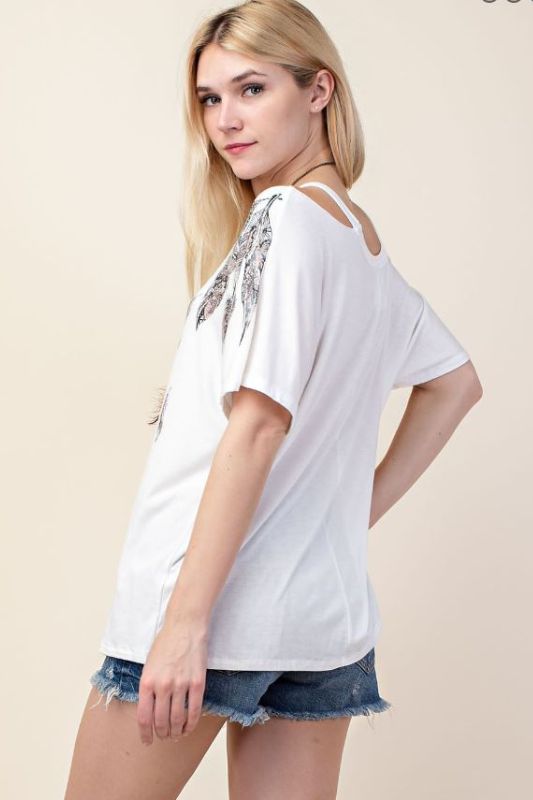 Vocal Cut Out Shoulder Feathers T Shirt - Off White