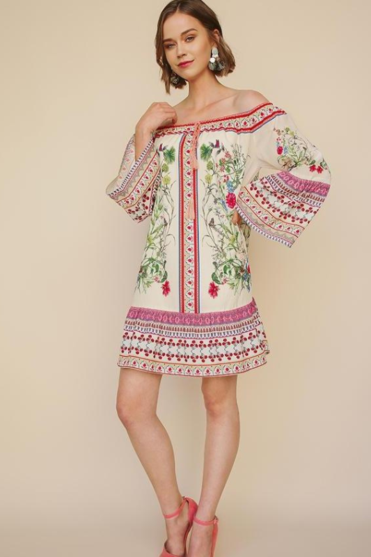 Umgee Border Bell Sleeve Dress - Natural