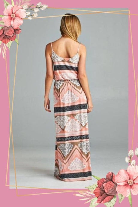 Strappy Maxi Dress Ethnic Print - Pink Multi