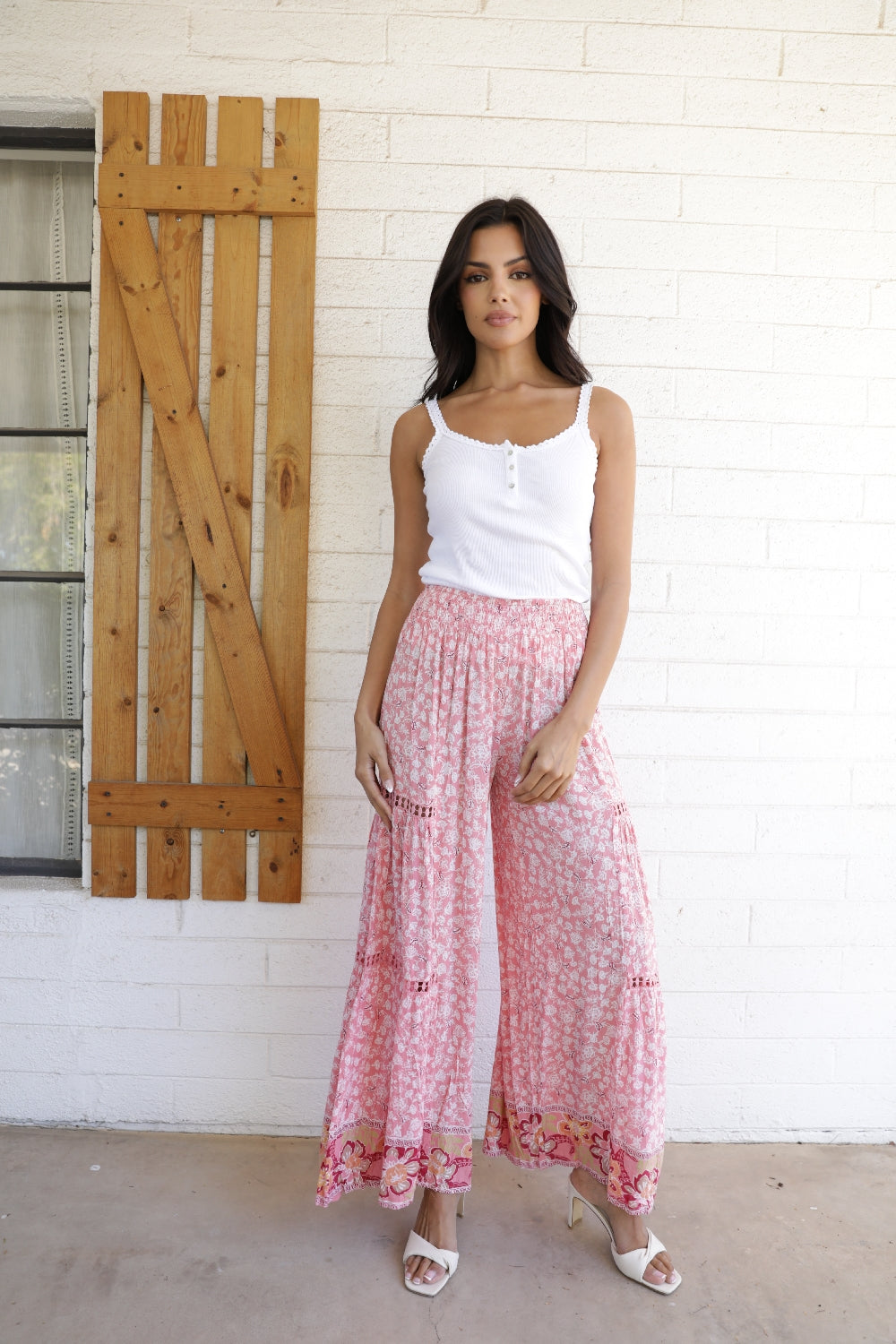 Angie Ditsy Print Bold Border Wide Palazzo Pants - Coral