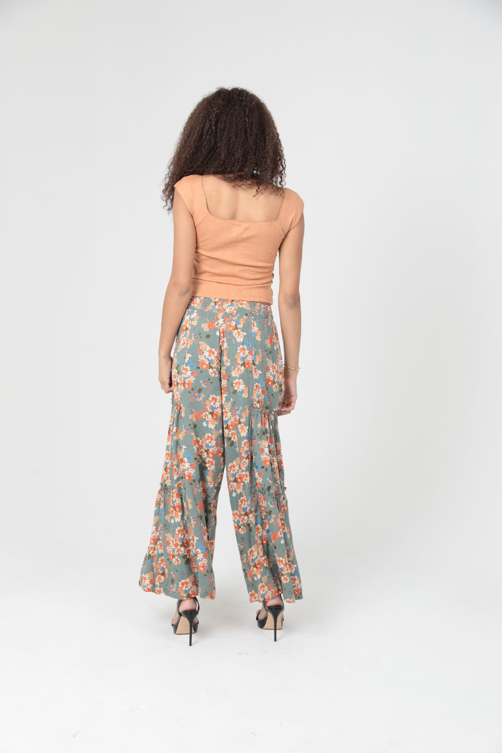 Angie Ditsy Orange Flower Ruffle Hem Pants - Gray
