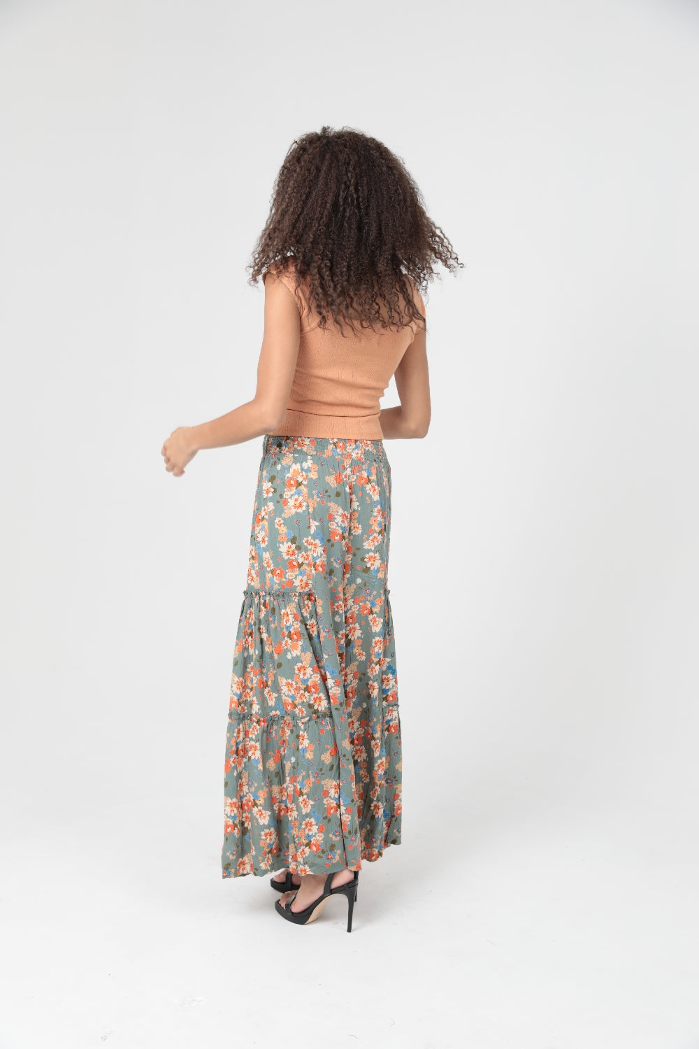 Angie Ditsy Orange Flower Ruffle Hem Pants - Gray