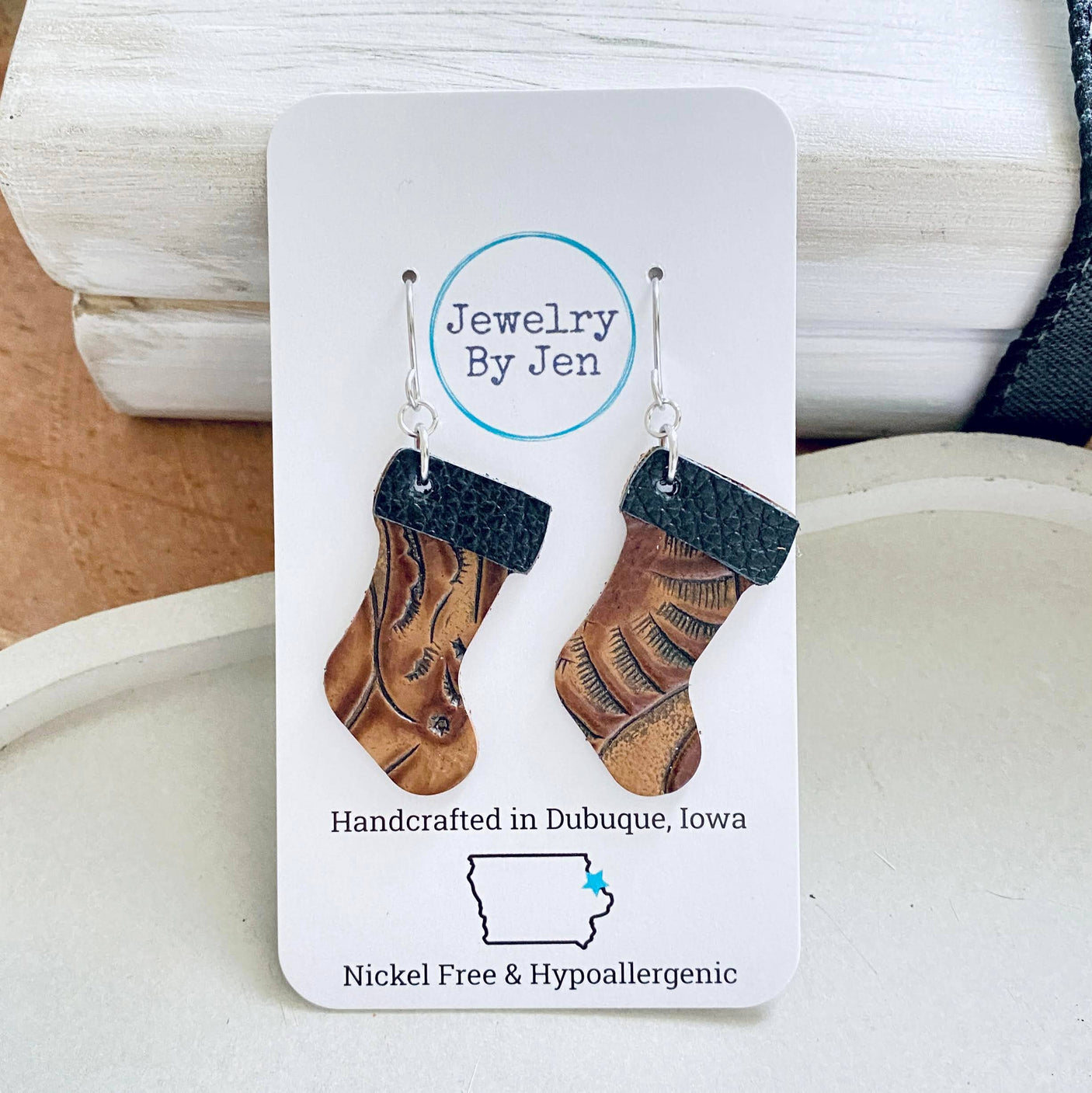 Christmas Stocking Earrings: Brown Western Tooled