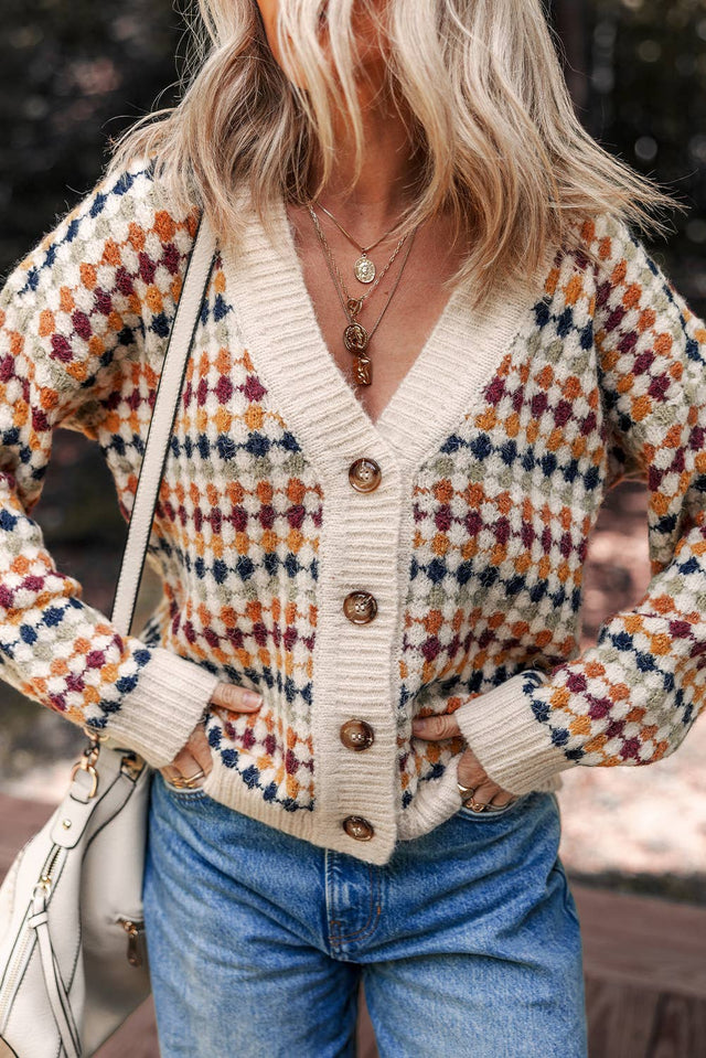 Dotty Pattern Knit Button Front V Neck Sweater Cardigan