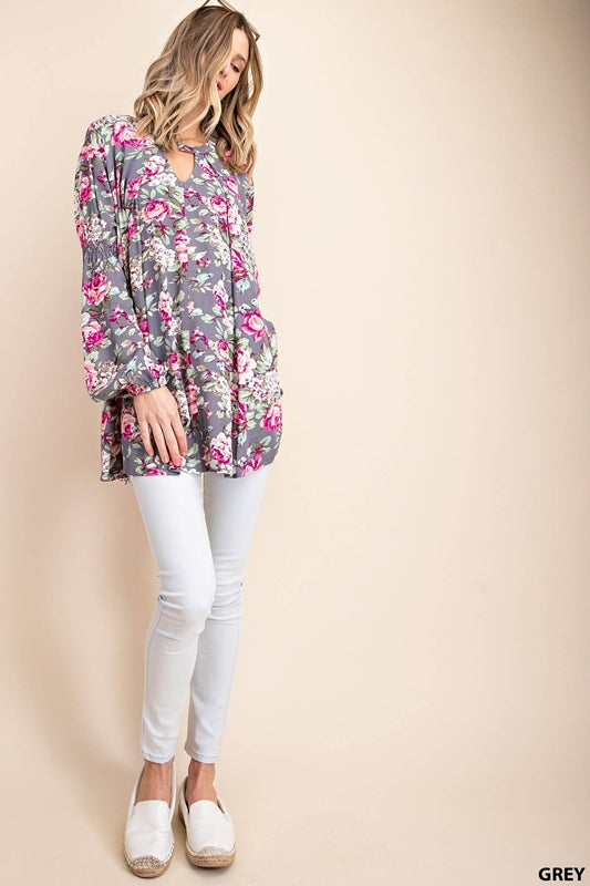 Kori Boho Roses Print Tunic w/ Keyhole Neckline - Grey