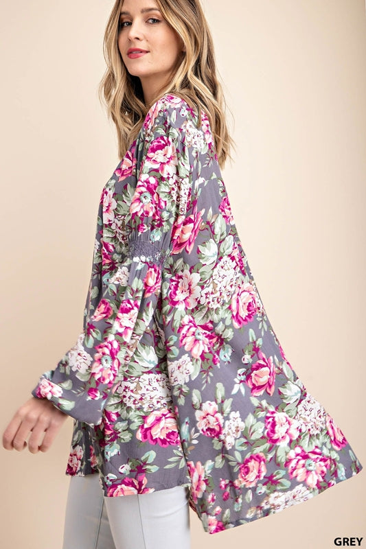 Kori Boho Roses Print Tunic w/ Keyhole Neckline - Grey