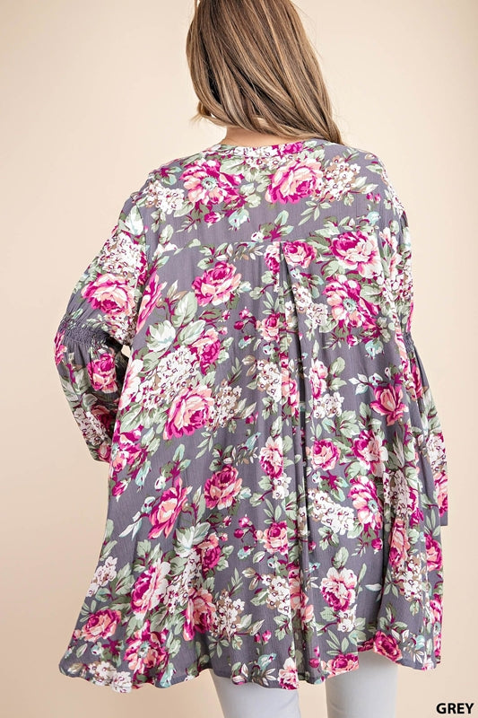 Kori Boho Roses Print Tunic w/ Keyhole Neckline - Grey
