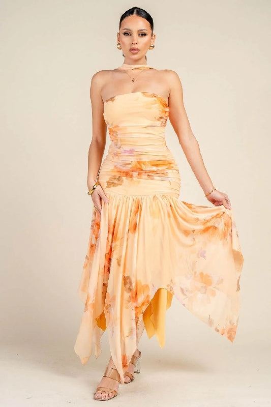 Printed Mesh Strapless Ruched Asymmetric Maxi Dress - Peach Orange