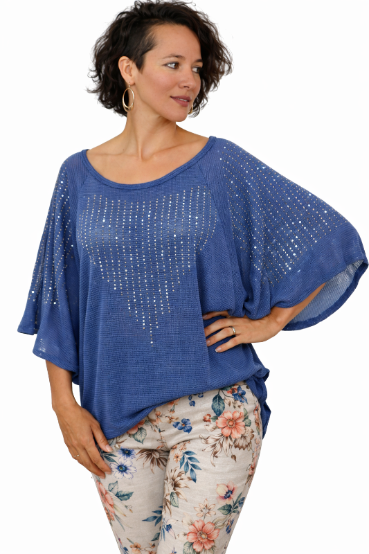 Bianca Angel Sleeve Dolman Heart Rhinestones Top - Denim Blue