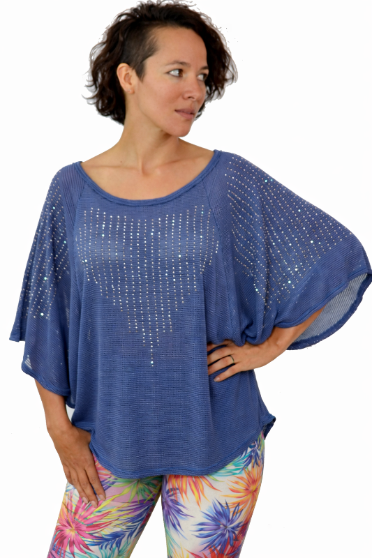 Bianca Angel Sleeve Dolman Heart Rhinestones Top - Denim Blue