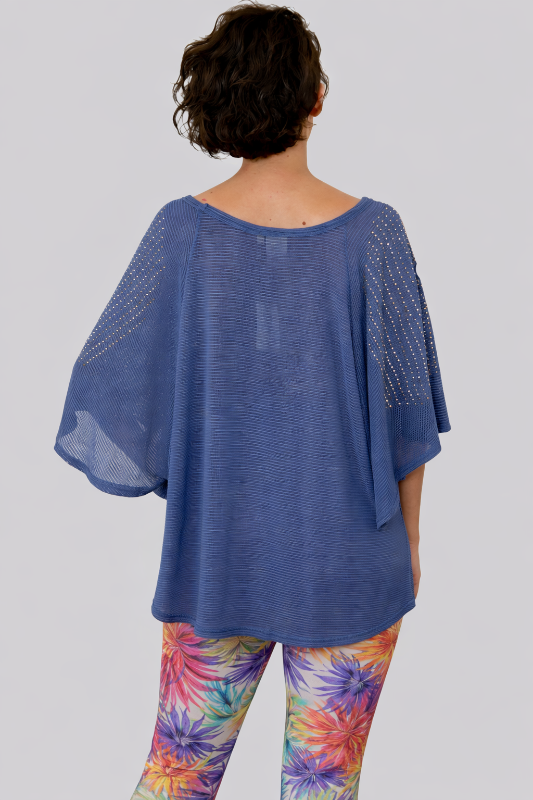 Bianca Angel Sleeve Dolman Heart Rhinestones Top - Denim Blue