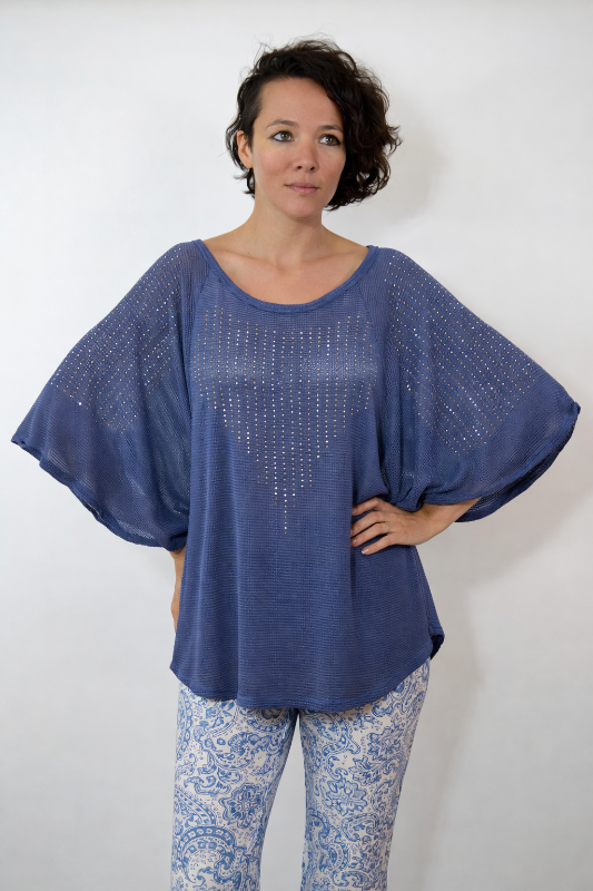 Bianca Angel Sleeve Dolman Heart Rhinestones Top - Denim Blue