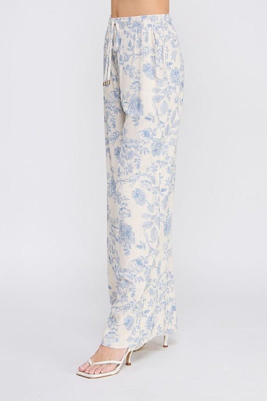 Allie Rose Blue Blossom Linen Blend Wide Leg Pants