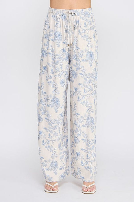 Allie Rose Blue Blossom Linen Blend Wide Leg Pants