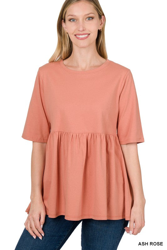 Zenana Half Sleeve Empire Waist Shirring Top - Ash Rose
